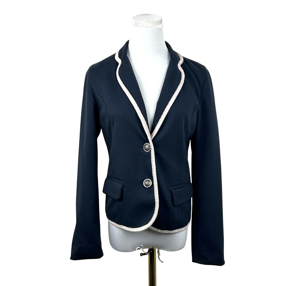 Leopard Print Lined Cropped Navy Blazer XS/S Contrast Trim‎ Tailored Jacket